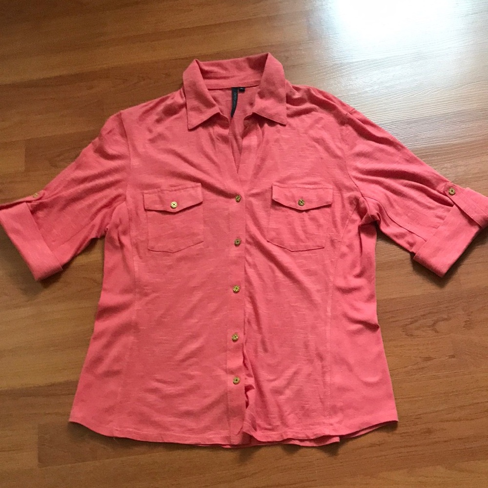 Cathy Petite Coral Button-Front Short Sleeve Blouse